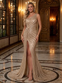 Sparkly Sequin Mermaid One Shoulder Long Evening Dresses with Slit