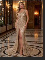 Sparkly Sequin Mermaid One Shoulder Long Evening Dresses with Slit