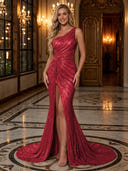 Sparkly Sequin Mermaid One Shoulder Long Evening Dresses with Slit