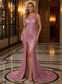 Sparkly Sequin Mermaid One Shoulder Long Evening Dresses with Slit