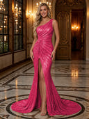 Sparkly Sequin Mermaid One Shoulder Long Evening Dresses with Slit