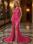 Sparkly Sequin Mermaid One Shoulder Long Evening Dresses with Slit