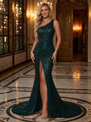 Sparkly Sequin Mermaid One Shoulder Long Evening Dresses with Slit