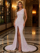 Sparkly Sequin Mermaid One Shoulder Long Evening Dresses with Slit