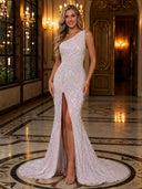 Sparkly Sequin Mermaid One Shoulder Long Evening Dresses with Slit