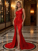 Sparkly Sequin Mermaid One Shoulder Long Evening Dresses with Slit
