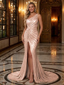Sparkly Sequin Mermaid One Shoulder Long Evening Dresses with Slit