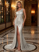 Sparkly Sequin Mermaid One Shoulder Long Evening Dresses with Slit
