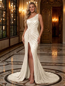 Sparkly Sequin Mermaid One Shoulder Long Evening Dresses with Slit