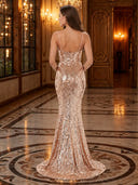 Sequin Mermaid V Neck Spaghetti Straps Long Evening Dresses
