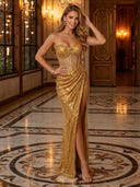 Glitter Sequin Mermaid Sweetheart Strapless Long Evening Dresses with Slit