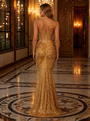 Glitter Sequin Mermaid Sweetheart Strapless Long Evening Dresses with Slit