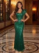 Sparkly Sequin Mermaid One Shoulder Long Evening Dresses