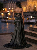 Glitter Satin Mermaid Strapless Long Evening Dresses with Lace Appliques
