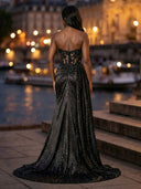 Glitter Satin Mermaid Strapless Long Evening Dresses with Lace Appliques