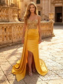 Sparkly Sequin Mermaid Strapless Long Evening Dresses with Slit