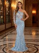 Glitter Sequin Mermaid One Shoulder Long Evening Dresses