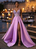 Satin A Line V Neck Spaghetti Straps Long Evening Dresses with Slit