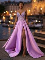 Satin A Line V Neck Spaghetti Straps Long Evening Dresses with Slit