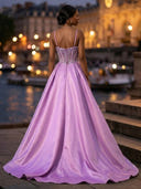 Satin A Line V Neck Spaghetti Straps Long Evening Dresses with Slit