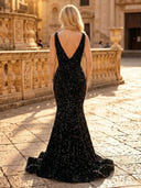 Sparkly Sequin Mermaid V Neck Spaghetti Straps Long Evening Dresses with Slit