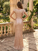 Glitter Sequin Mermaid Short Sleeves Long Evening Dresses with Ruffles
