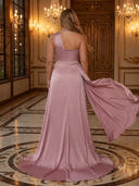 Satin Mermaid One Shoulder Long Evening Dresses with Slit