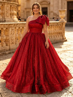 Sparkly Tulle A Line One Shoulder Long Evening Dresses with Bow