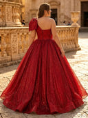 Sparkly Tulle A Line One Shoulder Long Evening Dresses with Bow