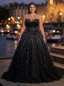 Glitter Tulle A Line Strapless Long Evening Dresses with Corest