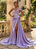 Satin Mermaid One Shoulder Long Evening Dresses with Slit