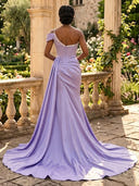 Satin Mermaid One Shoulder Long Evening Dresses with Slit