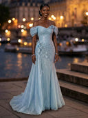 Sparkly Tulle Mermaid Off Shoulder Long Evening Dresses with Flower