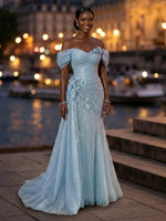Sparkly Tulle Mermaid Off Shoulder Long Evening Dresses with Flower