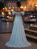 Sparkly Tulle Mermaid Off Shoulder Long Evening Dresses with Flower
