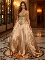 Satin A Line Spaghetti Straps Long Evening Dresses with Sequin