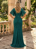 Sparkly Sequin Mermaid V Neck Short Sleeves Long Evening Dresses