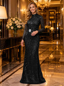 Sparkly Sequin Mermaid Long Sleeves Long Evening Dresses