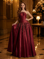 Satin A Line Strapless Sleeveless Long Evening Dresses
