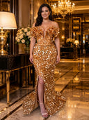 Sparkly Sequin Mermaid Off Shoulder Long Evening Dresses with Slit