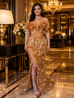 Sparkly Sequin Mermaid Off Shoulder Long Evening Dresses with Slit