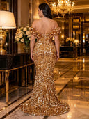Sparkly Sequin Mermaid Off Shoulder Long Evening Dresses with Slit