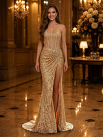 Sparkly Sequin Mermaid Strapless Long Evening Dresses with Slit