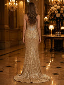 Sparkly Sequin Mermaid Strapless Long Evening Dresses with Slit