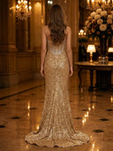 Sparkly Sequin Mermaid Strapless Long Evening Dresses with Slit