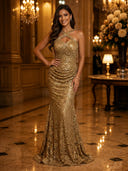 Glitter Sequin Mermaid Halter Sleeveless Long Evening Dresses