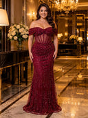 Sparkly Sequin Mermaid Off Shoulder Long Evening Dresses with Corset