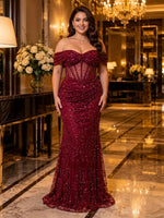 Sparkly Sequin Mermaid Off Shoulder Long Evening Dresses with Corset