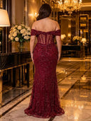 Sparkly Sequin Mermaid Off Shoulder Long Evening Dresses with Corset