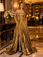 Sparkly Satin A Line Off Shoulder Long Evening Dresses with Pockets